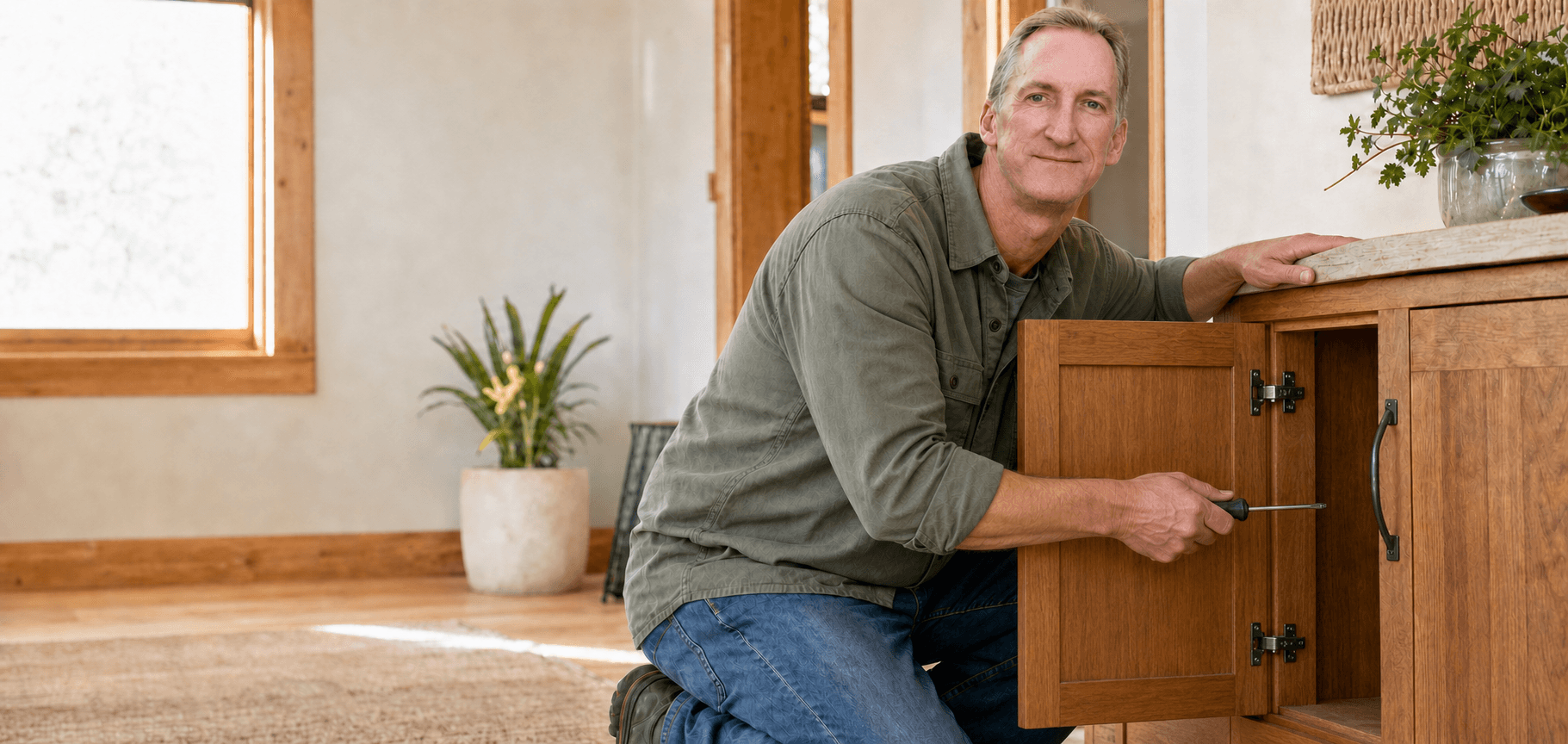 AI-assisted composite of Lloyd Dunn adjusting cabinet hardware