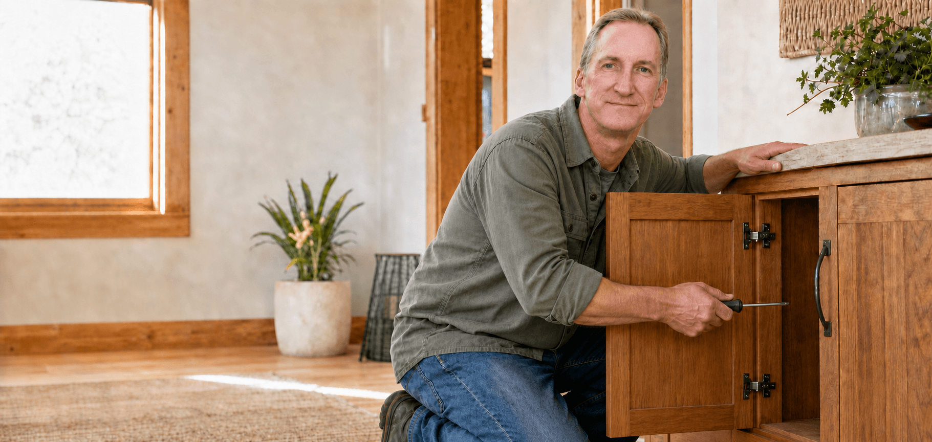 AI-assisted composite of Lloyd Dunn adjusting cabinet hardware