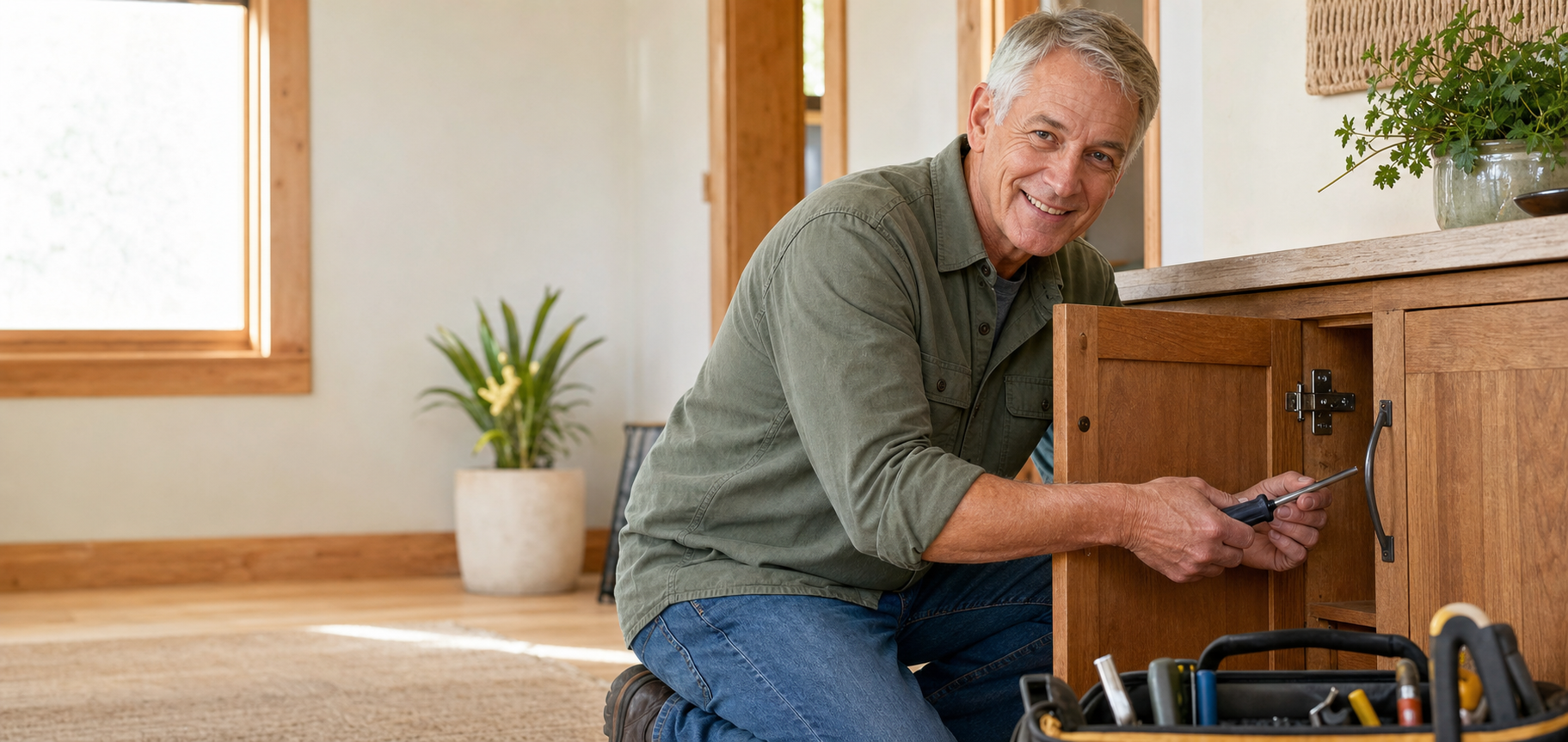 Fictitious friendly older handyman adjusting a cabinet hinge